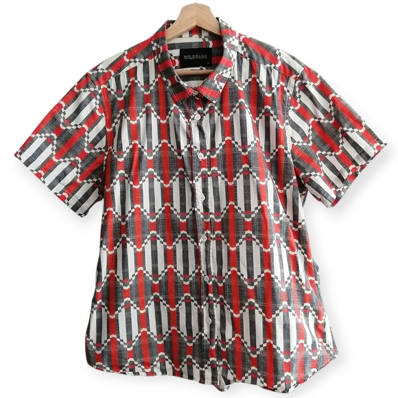 Wildfang Woman's Essential Short Sleeve Button Up Red Gray White Geometric XL - Picture 14 of 16